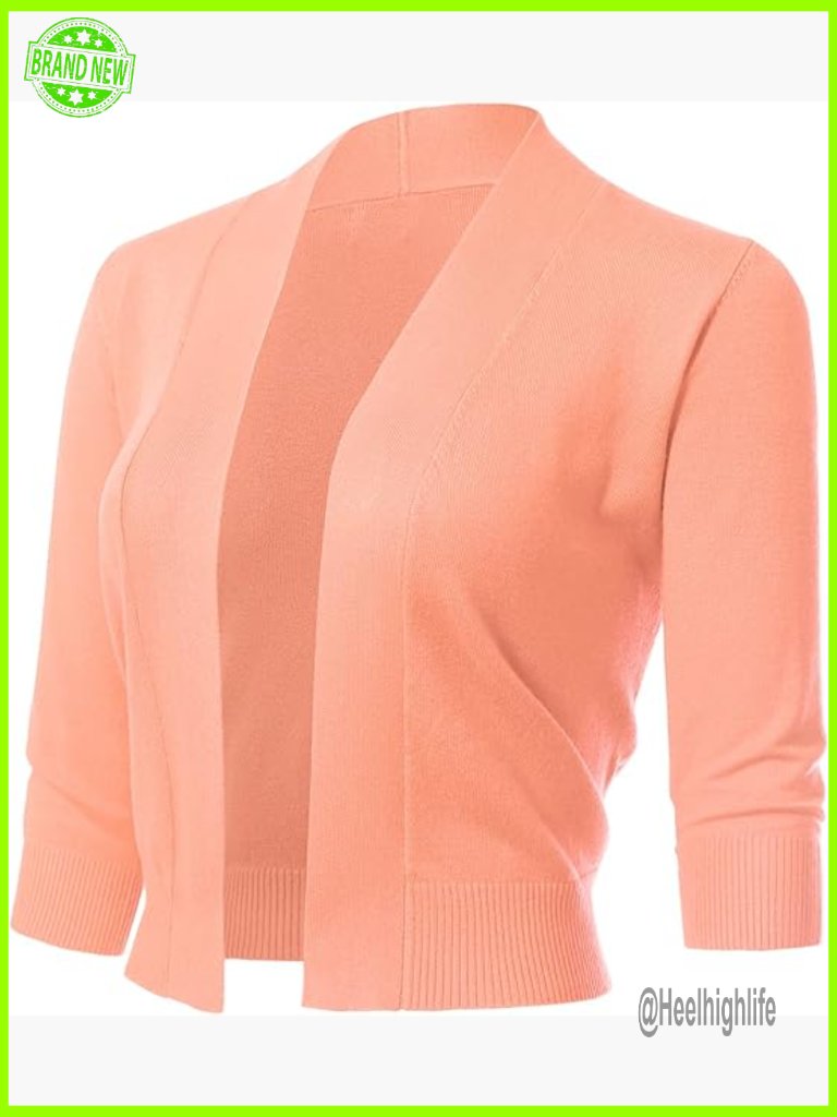 3/4 Sleeve Cropped Bolero Shrug Cardigan Open Front Lightweight Knit